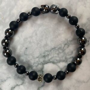 Matte Black Agate & Hematite Kitty Beaded Stretch Bracelet